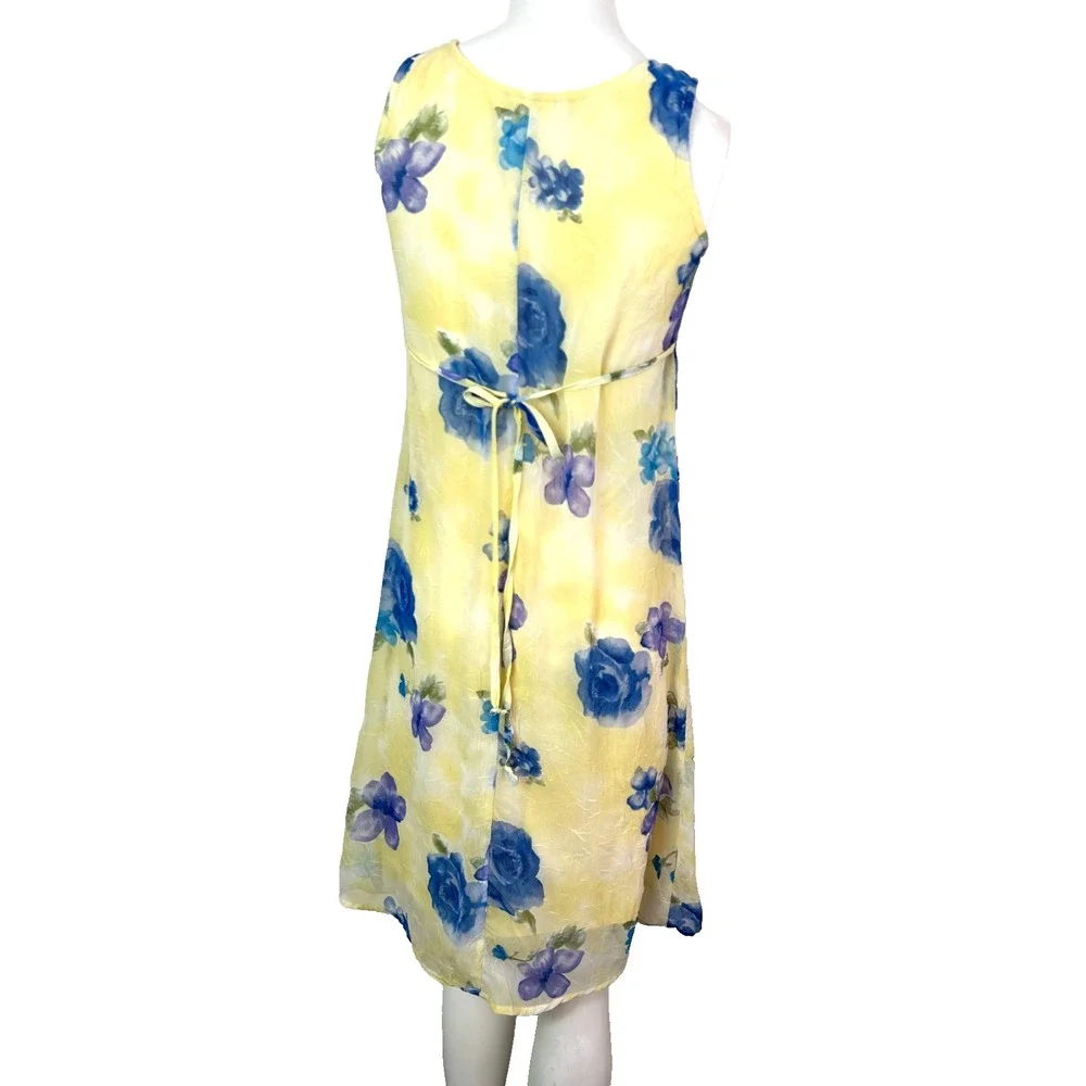 VTG 90s Jazz Kids Pastel Floral Chiffon Midi Dress Girls 12 Yellow Blue Crinkle